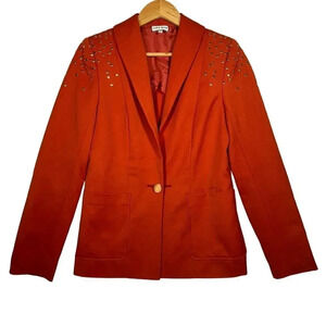 Chris Benz Statement Studded Shoulder Embellishments Wool Orange Blazer Size 6